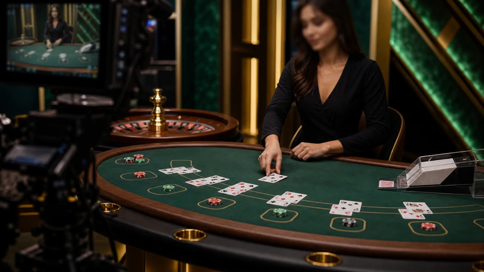Estúdio de cassino ao vivo com dealer real, mesa física e câmeras de transmissão